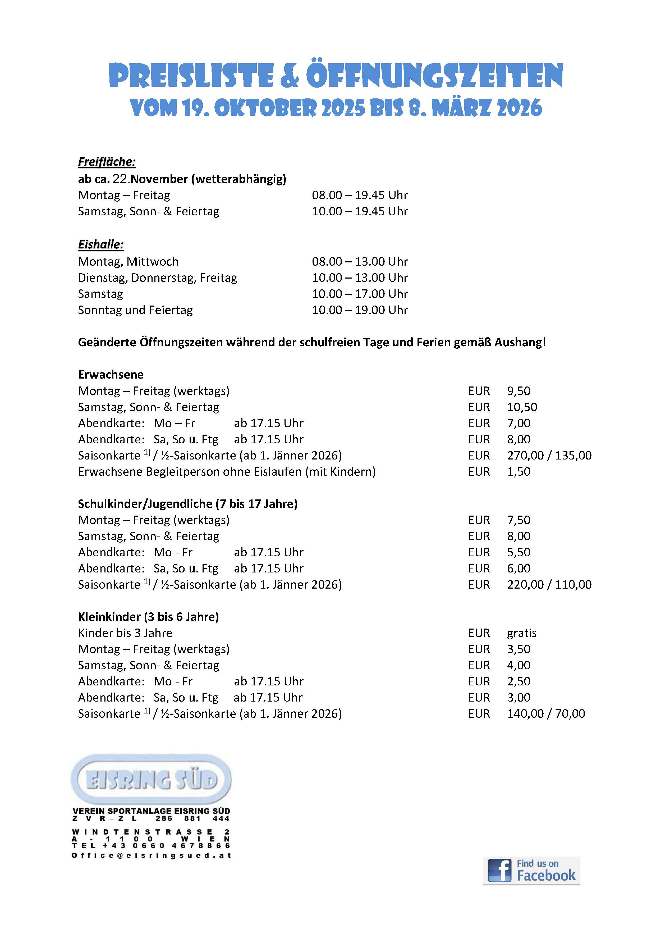 Preise und Öffnungszeiten Saison 2023-2024