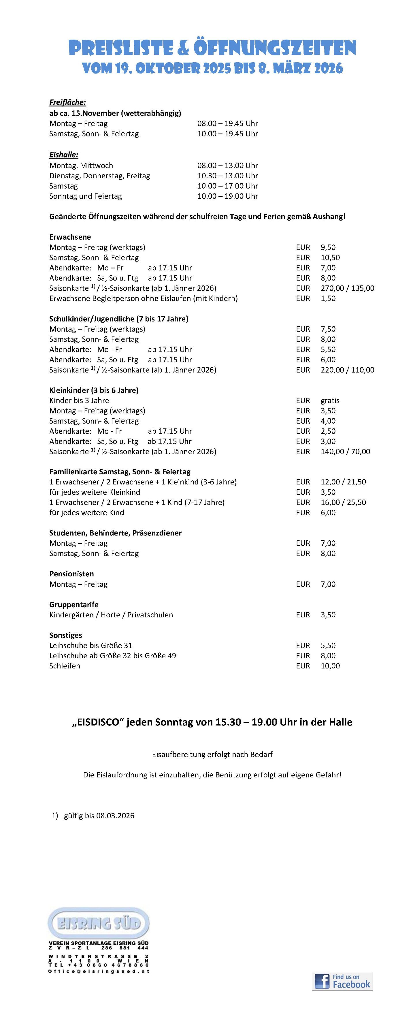 Preise und Öffnungszeiten