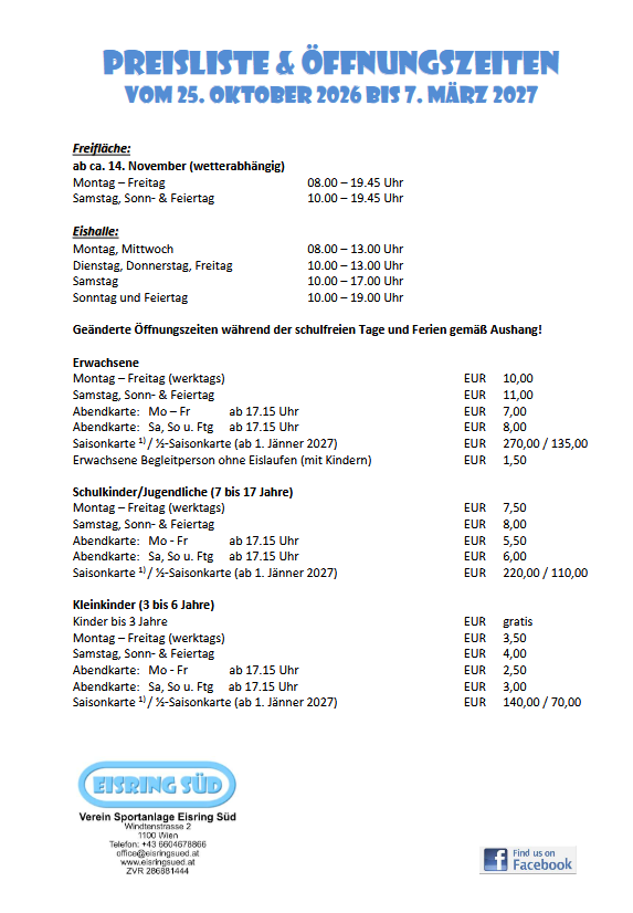 Preise und Öffnungszeiten Saison 2023-2024
